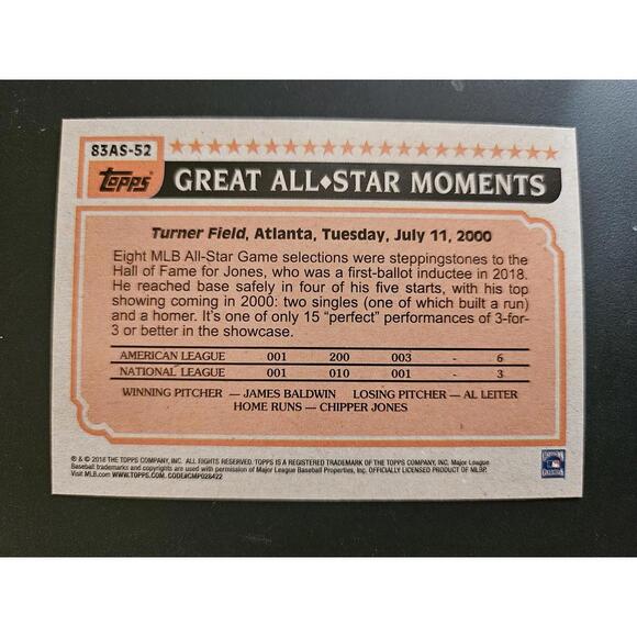 2018 Topps Update Series-1983 All-Star Design- Chipper Jones #83AS-52  RAW Mint - Picture 2 of 2